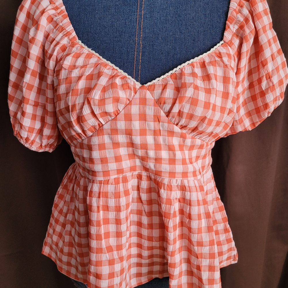 Gingham Puff-Sleeve Peplum Top - Orange/White